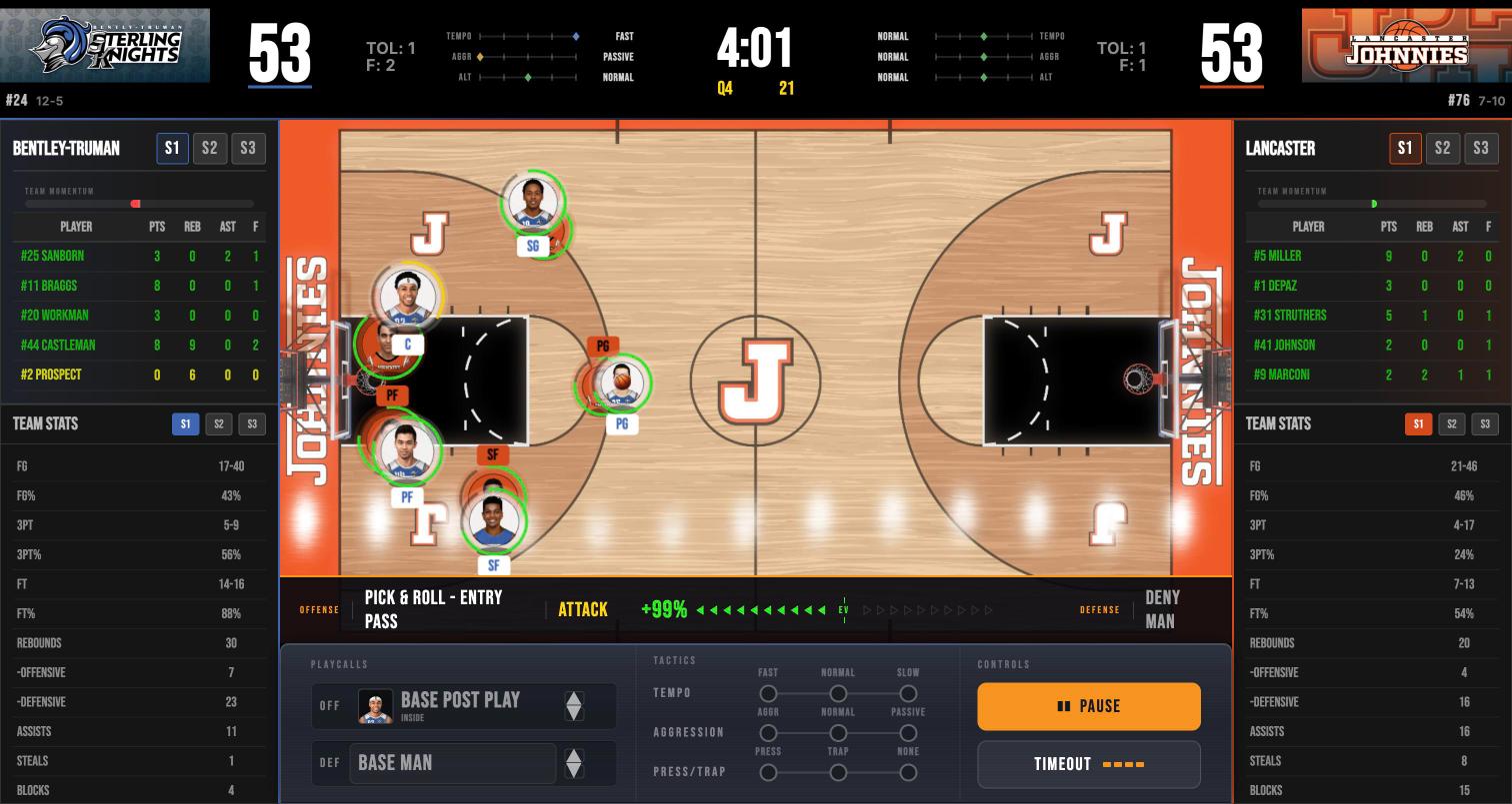 Live coaching: tied 53-53 in the fourth quarter, Pick and Roll Entry Pass called with a +99 percent edge